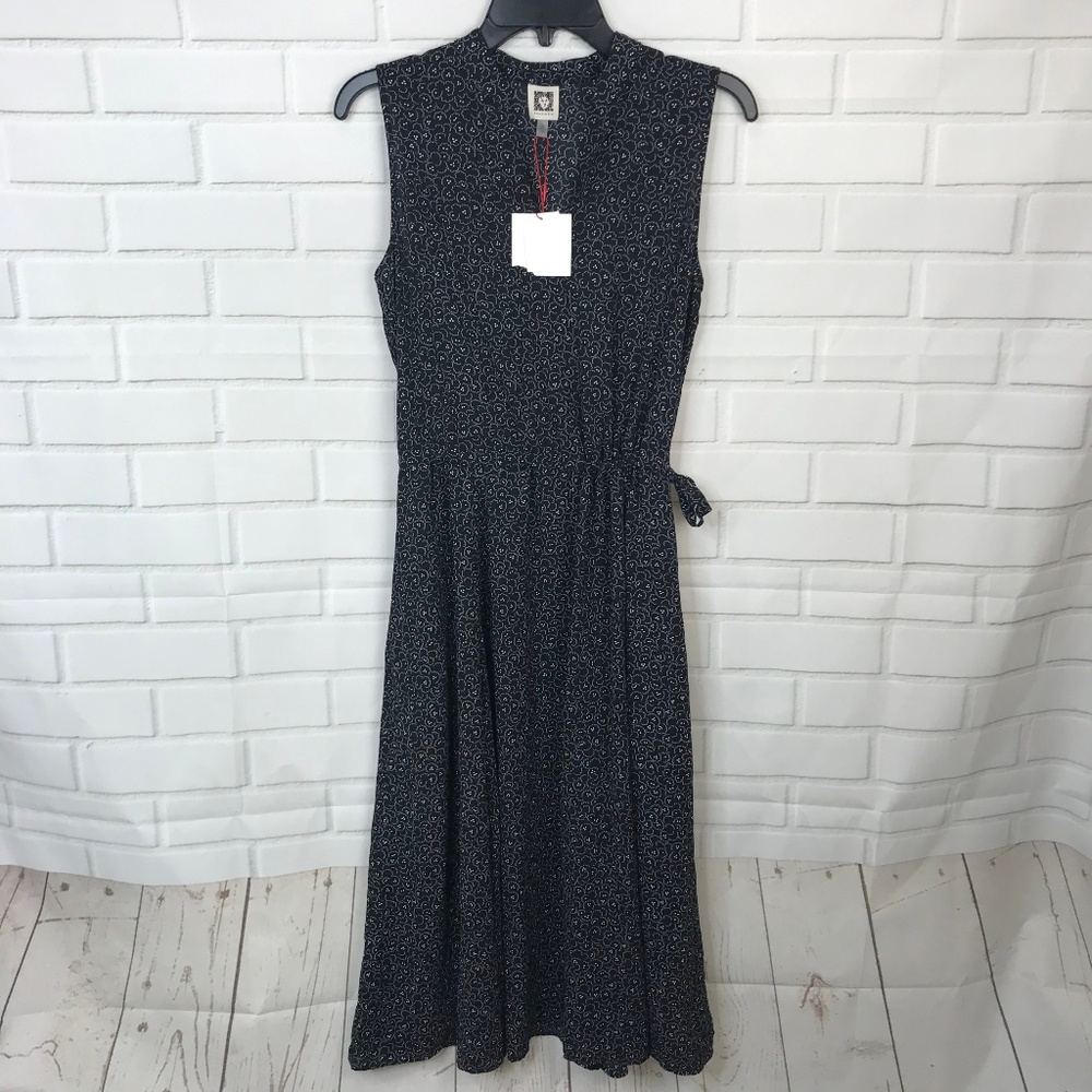 Anne Klein Womens Maxi Dress Sleeveless Black blue print XS.